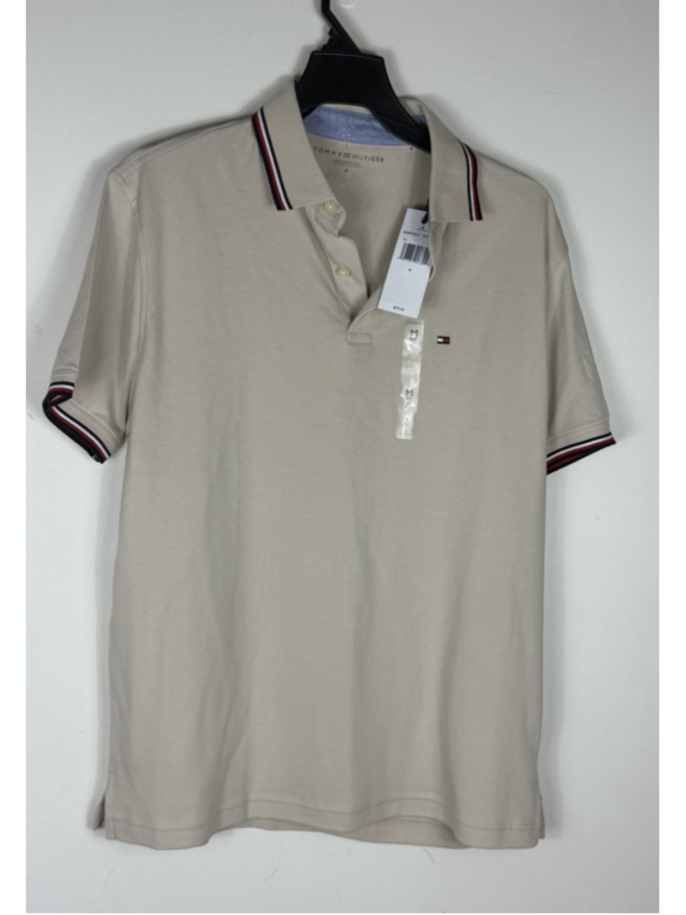 Tommy Hilfiger Men's Polo Shirt, Beige with Striped Collar and Sleeves, Size M